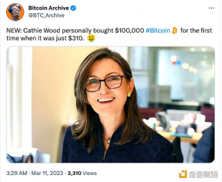 Cathie Wood以310美元的价格购买了10万美元的比特币