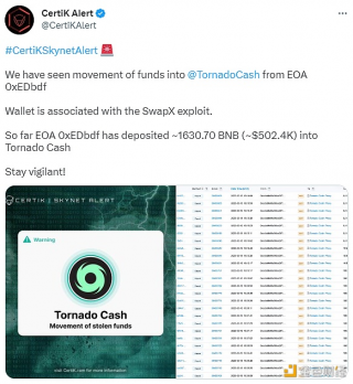 EOA账户地址 0xEDbdf 已将资金转至Tornado Cash