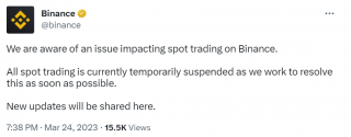 binance：现货交易出现问题已暂停，正努力解决