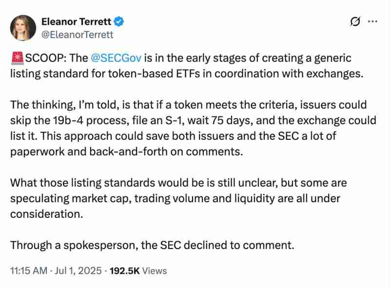 美国监管机构考虑为加密货币ETF简化上市流程