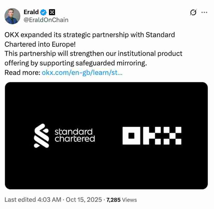 拥有170年历史的银行现在为币安（OKX）欧洲机构客户托管加密货币