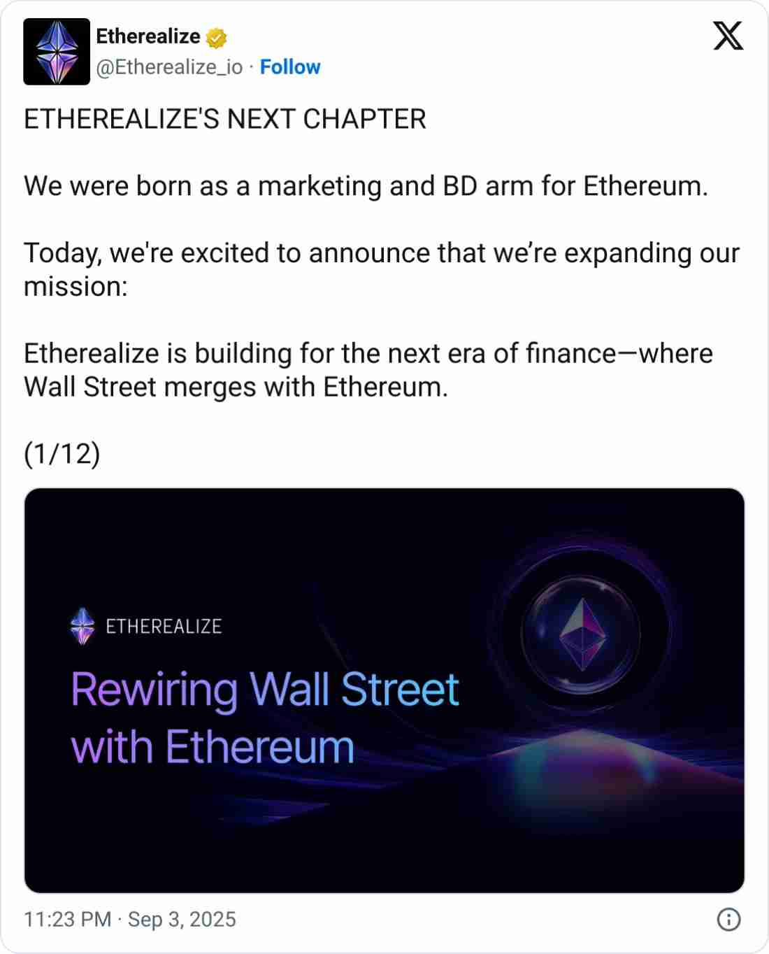 以太坊（ETH）营销公司Etherealize获4000万美元融资，多家企业本周追加12亿美元投资详